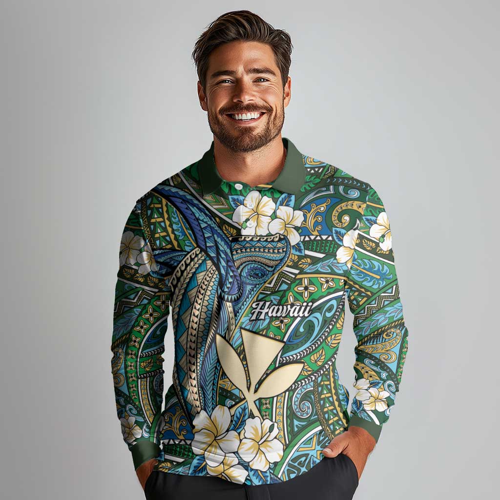 Personalised Hawaii Tribal Humpback Whale Long Sleeve Polo Shirt Omaomao Hibiscus Seamless Pattern LT9 - Polynesian Pride