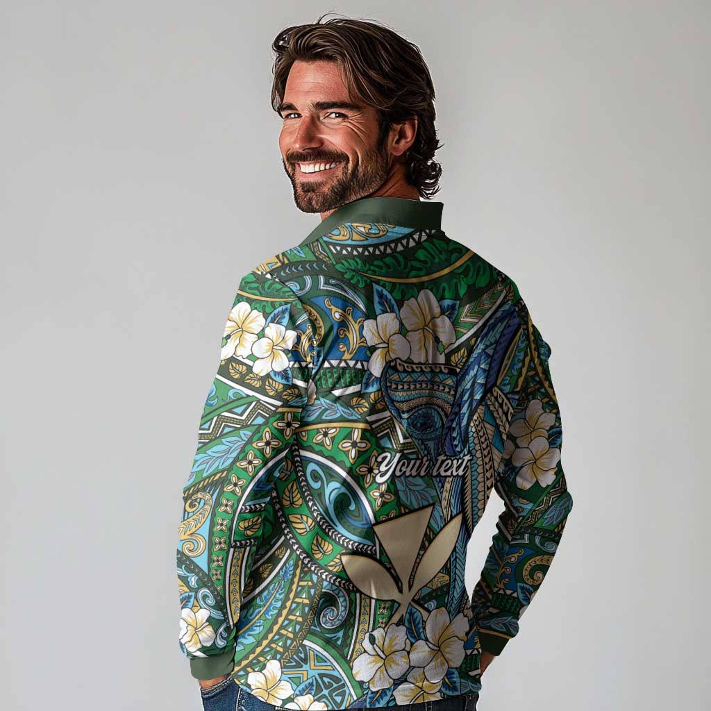 Personalised Hawaii Tribal Humpback Whale Long Sleeve Polo Shirt Omaomao Hibiscus Seamless Pattern LT9 - Polynesian Pride