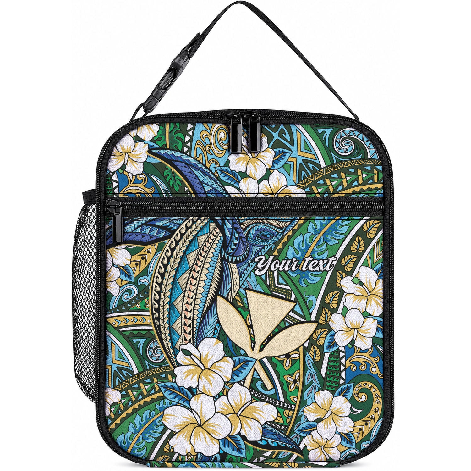 Personalised Hawaii Tribal Humpback Whale Lunch Bag Omaomao Hibiscus Seamless Pattern LT9 10.2 × 8.3 × 4.3 inch Blue - Polynesian Pride