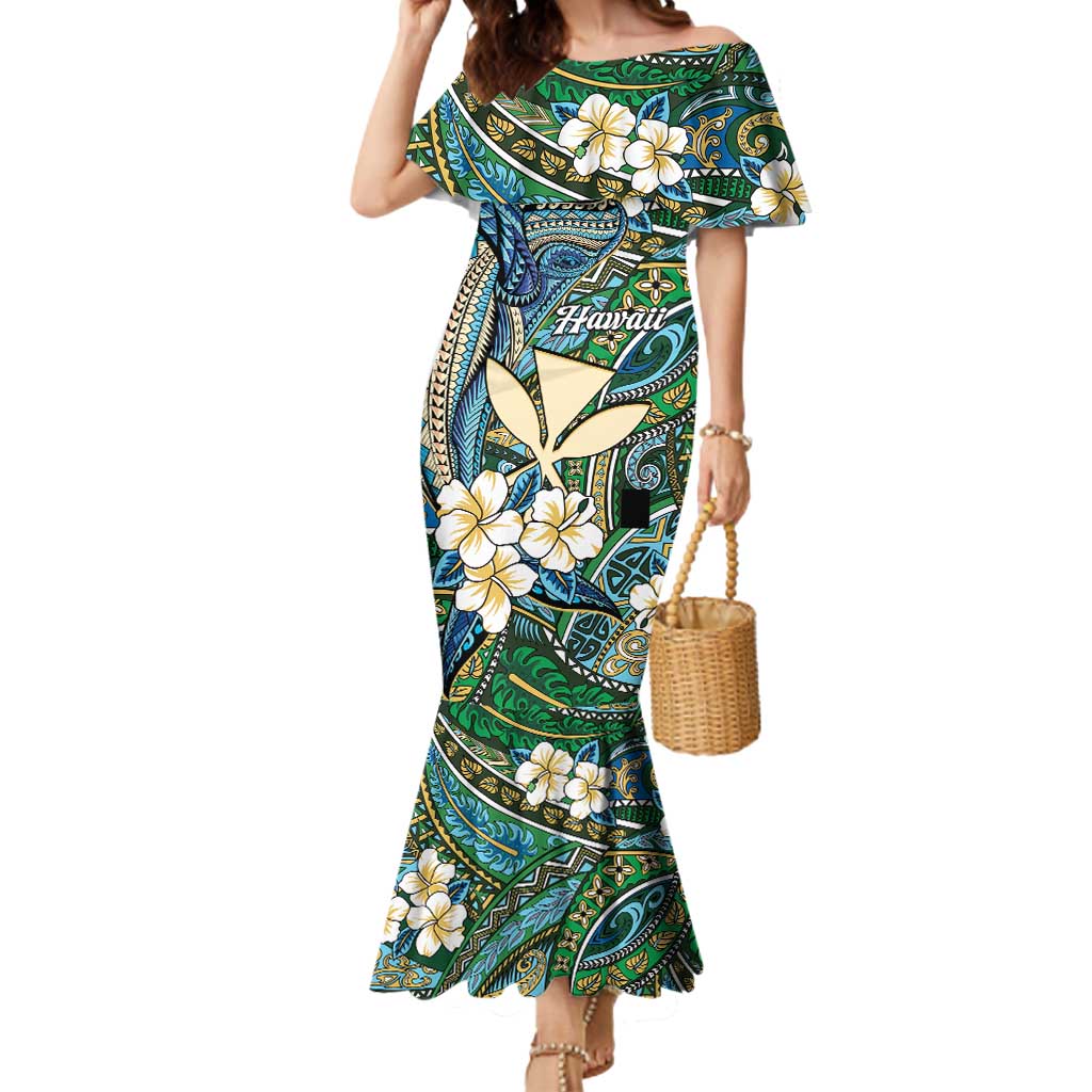 Personalised Hawaii Tribal Humpback Whale Mermaid Dress Omaomao Hibiscus Seamless Pattern LT9 Women Green - Polynesian Pride