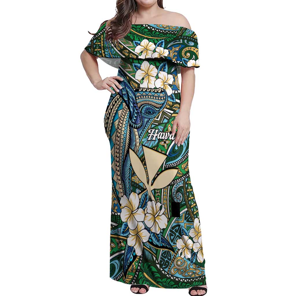 Personalised Hawaii Tribal Humpback Whale Off Shoulder Maxi Dress Omaomao Hibiscus Seamless Pattern LT9 Women Green - Polynesian Pride