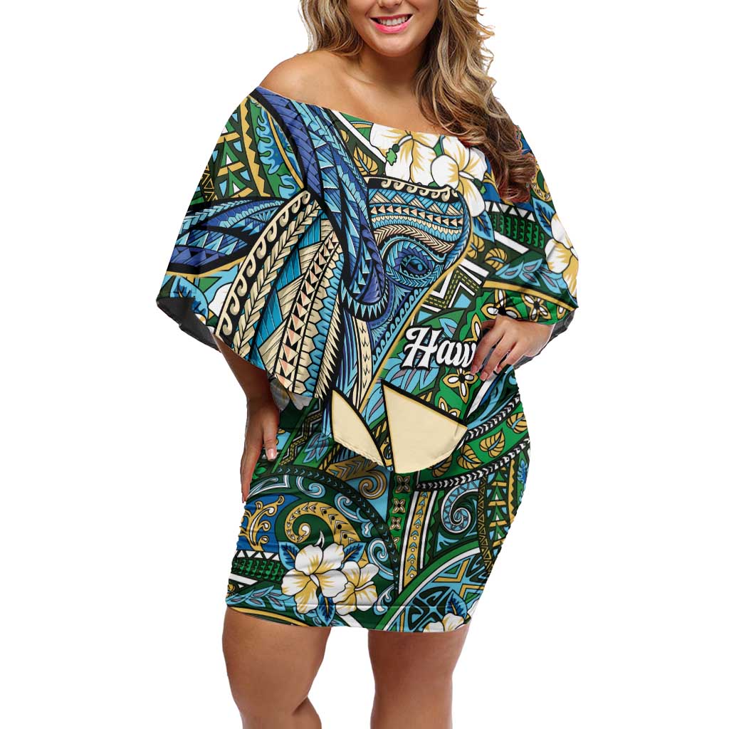 Personalised Hawaii Tribal Humpback Whale Off Shoulder Short Dress Omaomao Hibiscus Seamless Pattern