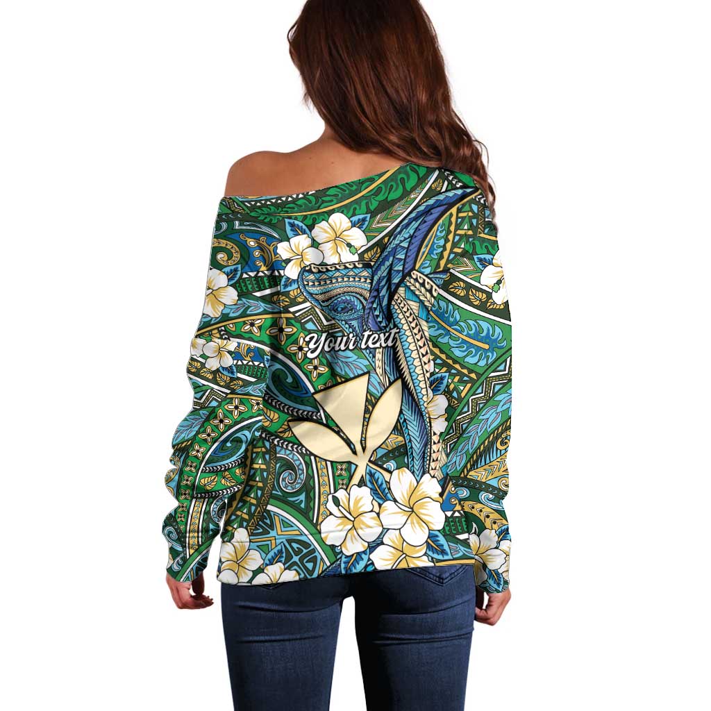 Personalised Hawaii Tribal Humpback Whale Off Shoulder Sweater Omaomao Hibiscus Seamless Pattern LT9 - Polynesian Pride