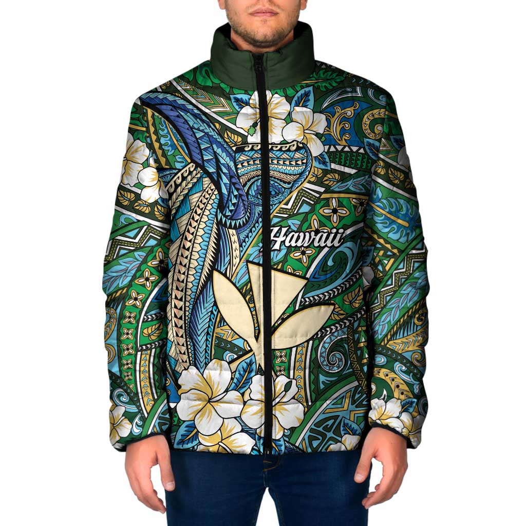Personalised Hawaii Tribal Humpback Whale Padded Jacket Omaomao Hibiscus Seamless Pattern