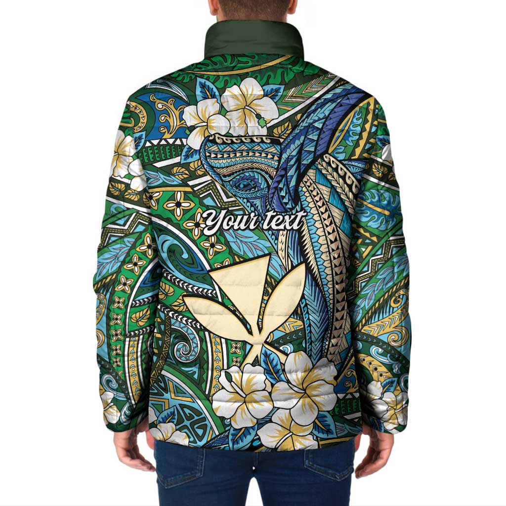 Personalised Hawaii Tribal Humpback Whale Padded Jacket Omaomao Hibiscus Seamless Pattern