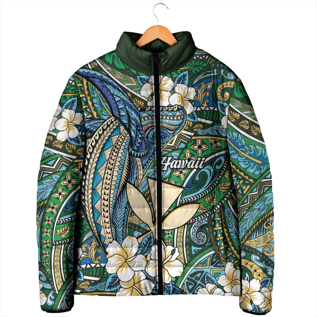 Personalised Hawaii Tribal Humpback Whale Padded Jacket Omaomao Hibiscus Seamless Pattern