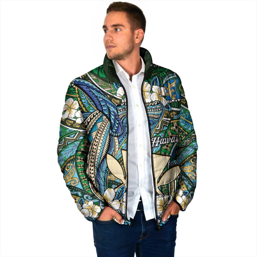 Personalised Hawaii Tribal Humpback Whale Padded Jacket Omaomao Hibiscus Seamless Pattern