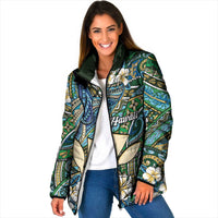 Personalised Hawaii Tribal Humpback Whale Padded Jacket Omaomao Hibiscus Seamless Pattern