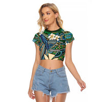 Personalised Hawaii Tribal Humpback Whale Raglan Cropped T Shirt Omaomao Hibiscus Seamless Pattern