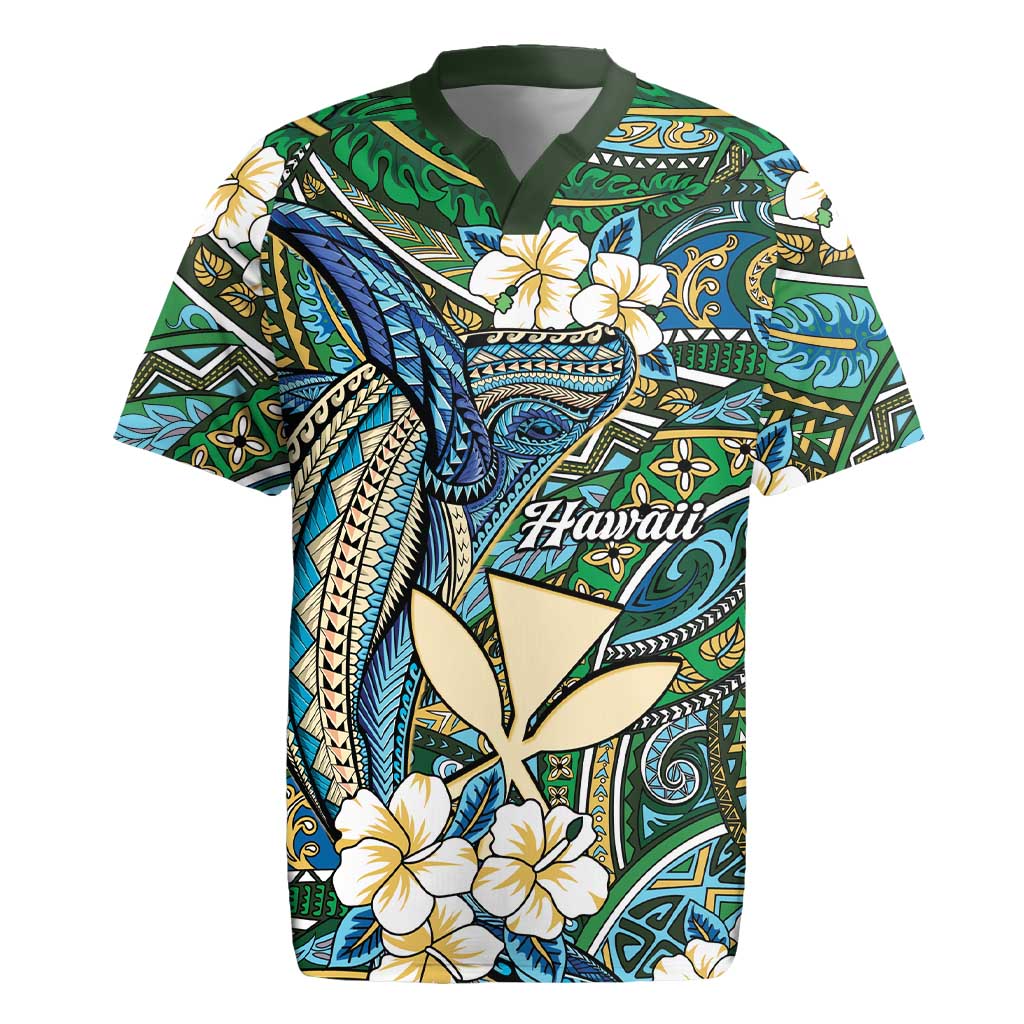 Personalised Hawaii Tribal Humpback Whale Rugby Jersey Omaomao Hibiscus Seamless Pattern LT9 Green - Polynesian Pride