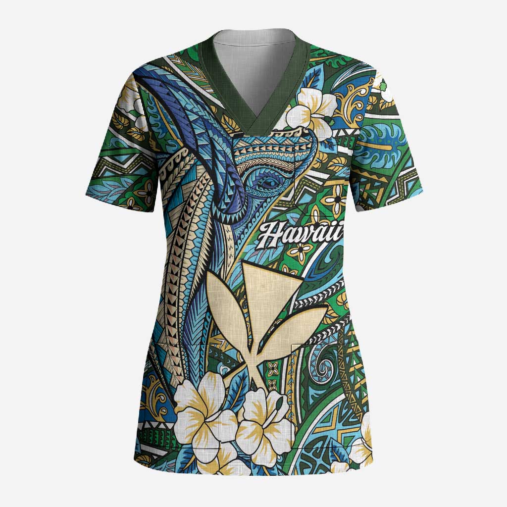 Personalised Hawaii Tribal Humpback Whale Scrub Top Omaomao Hibiscus Seamless Pattern LT9 Adult Green - Polynesian Pride