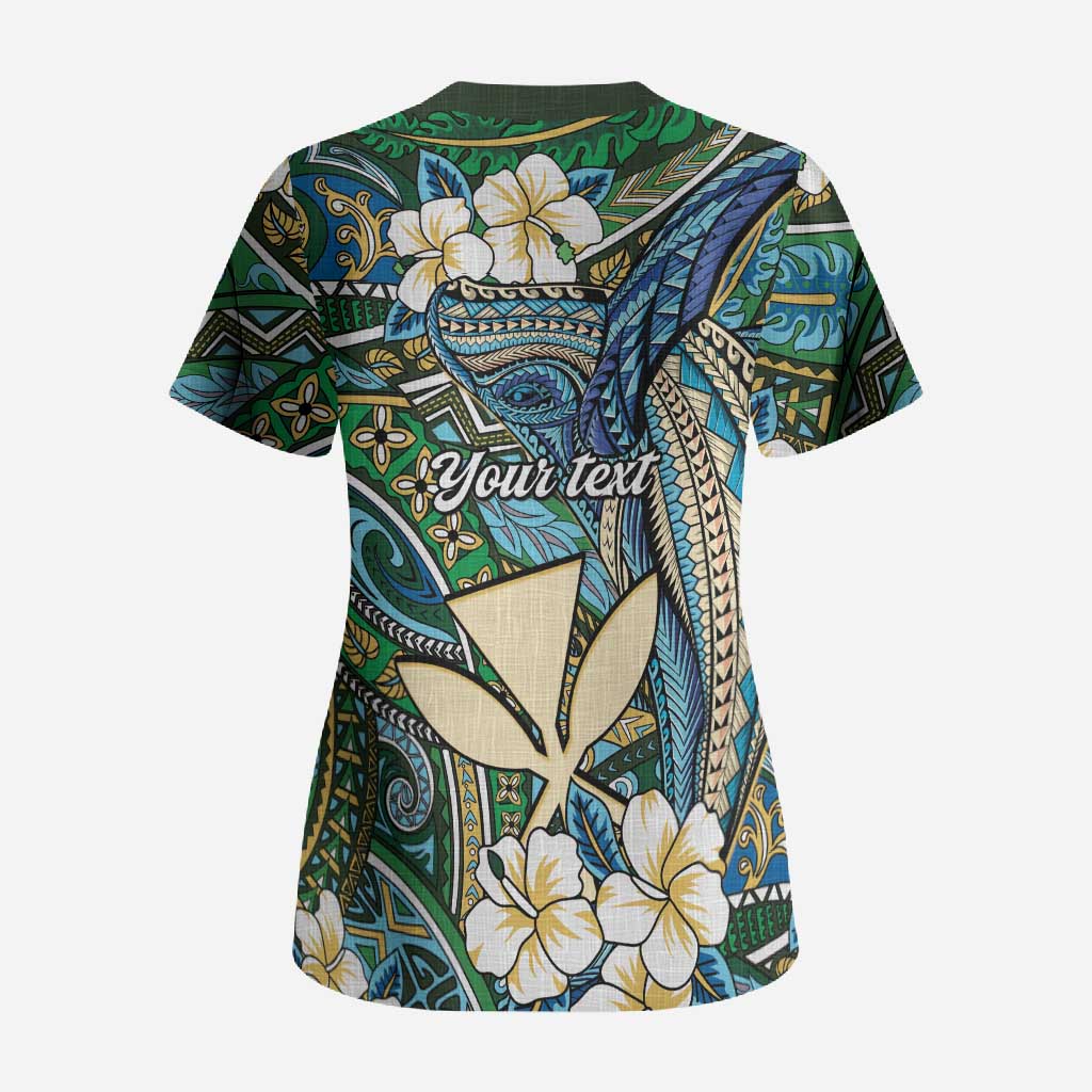 Personalised Hawaii Tribal Humpback Whale Scrub Top Omaomao Hibiscus Seamless Pattern LT9 - Polynesian Pride