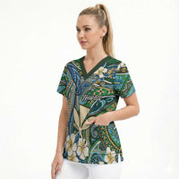 Personalised Hawaii Tribal Humpback Whale Scrub Top Omaomao Hibiscus Seamless Pattern LT9 - Polynesian Pride