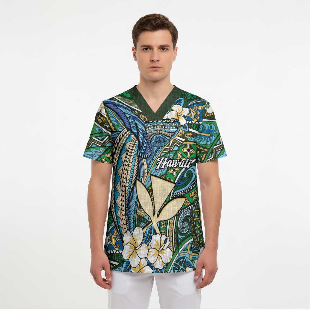 Personalised Hawaii Tribal Humpback Whale Scrub Top Omaomao Hibiscus Seamless Pattern LT9 - Polynesian Pride