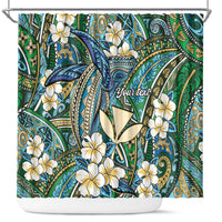 Personalised Hawaii Tribal Humpback Whale Shower Curtain Omaomao Hibiscus Seamless Pattern LT9 Green - Polynesian Pride