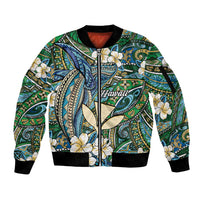 Personalised Hawaii Tribal Humpback Whale Sleeve Zip Bomber Jacket Omaomao Hibiscus Seamless Pattern LT9 Unisex Green - Polynesian Pride
