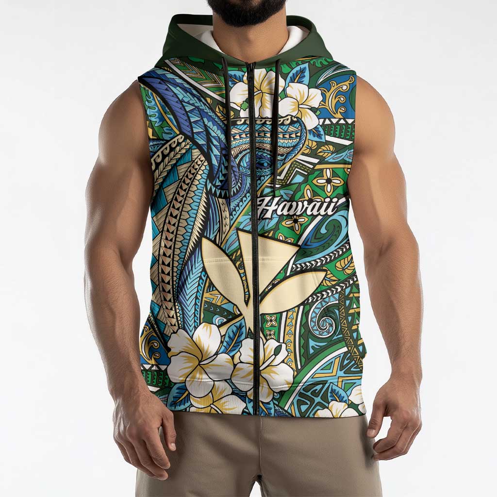 Personalised Hawaii Tribal Humpback Whale Sleeveless Zip Hoodie Omaomao Hibiscus Seamless Pattern LT9 - Polynesian Pride