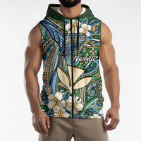 Personalised Hawaii Tribal Humpback Whale Sleeveless Zip Hoodie Omaomao Hibiscus Seamless Pattern LT9 - Polynesian Pride