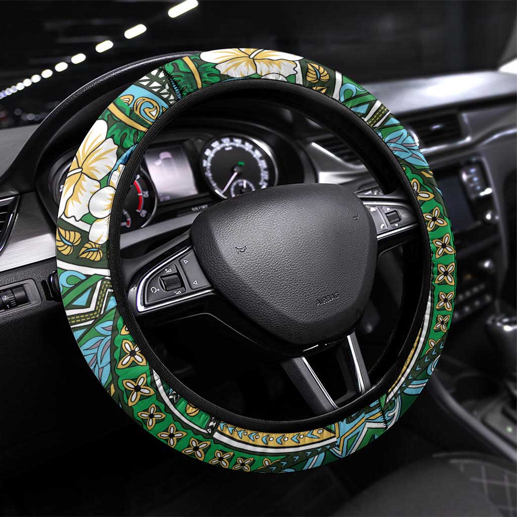 Hawaii Tribal Humpback Whale Steering Wheel Cover Omaomao Hibiscus Seamless Pattern LT9 Universal Fit Green - Polynesian Pride