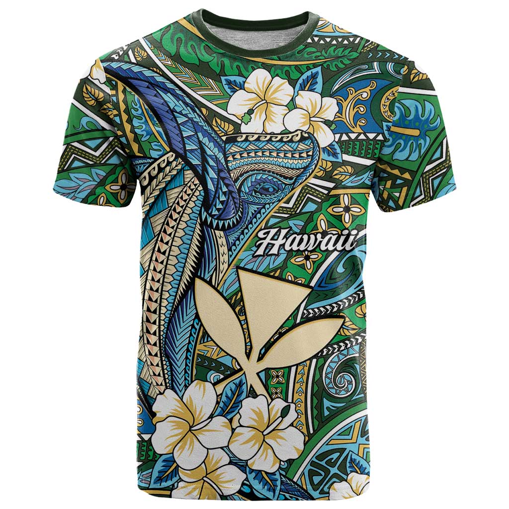 Personalised Hawaii Tribal Humpback Whale T Shirt Omaomao Hibiscus Seamless Pattern LT9 Green - Polynesian Pride