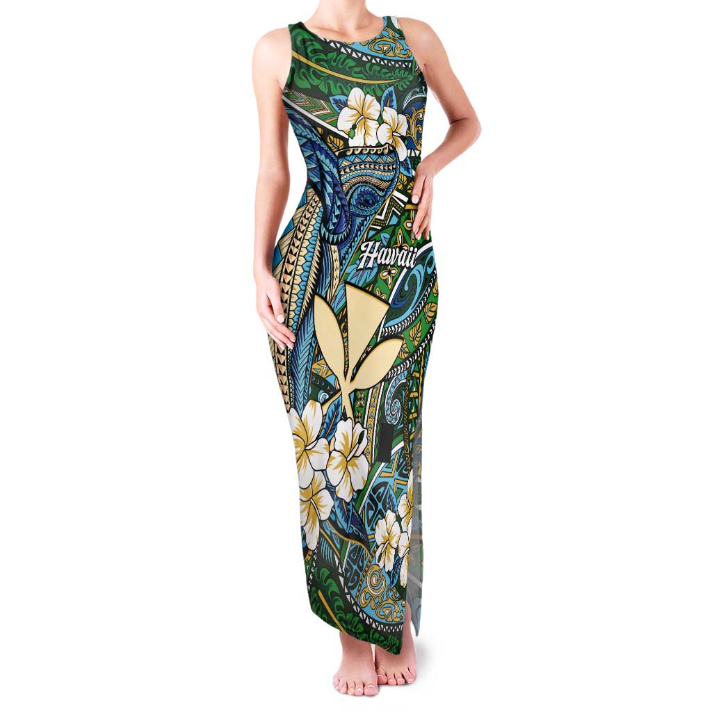 Personalised Hawaii Tribal Humpback Whale Tank Maxi Dress Omaomao Hibiscus Seamless Pattern LT9 Women Green - Polynesian Pride