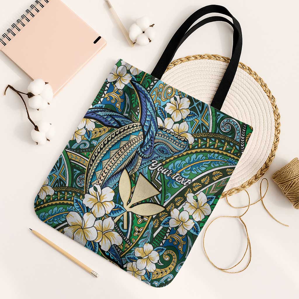 Personalised Hawaii Tribal Humpback Whale Tote Bag Omaomao Hibiscus Seamless Pattern LT9 Black Strap One Size Green - Polynesian Pride