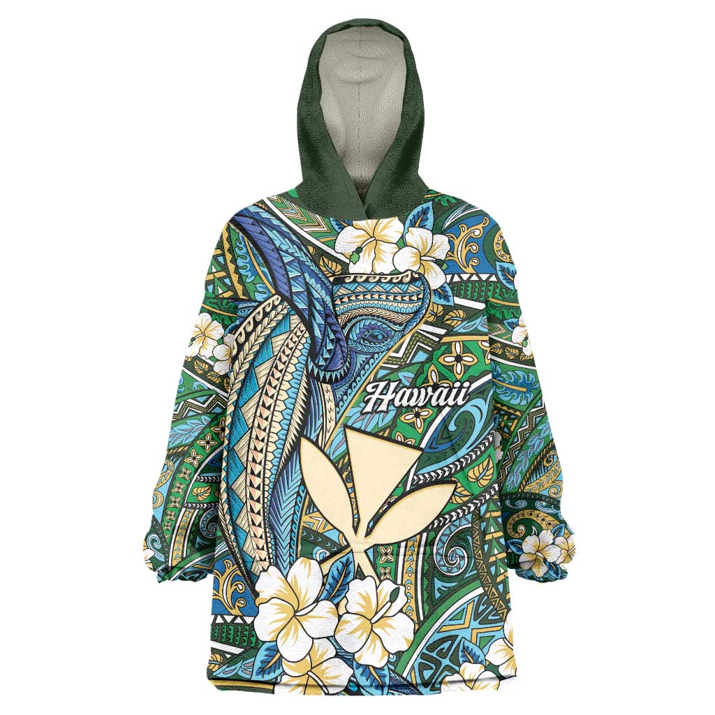 Personalised Hawaii Tribal Humpback Whale Wearable Blanket Hoodie Omaomao Hibiscus Seamless Pattern LT9 One Size Green - Polynesian Pride