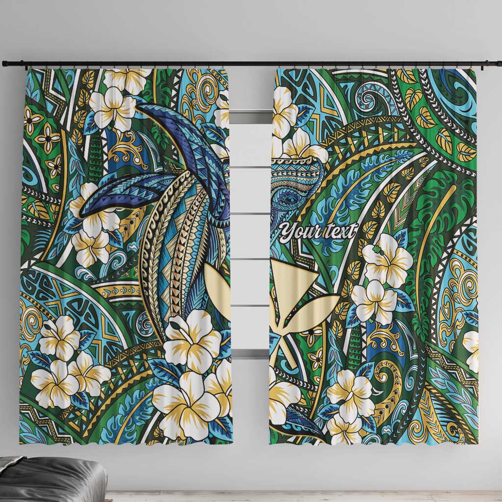 Personalised Hawaii Tribal Humpback Whale Window Curtain Omaomao Hibiscus Seamless Pattern LT9 With Hooks Green - Polynesian Pride