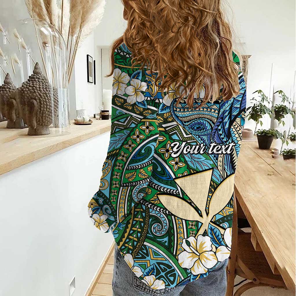 Personalised Hawaii Tribal Humpback Whale Women Casual Shirt Omaomao Hibiscus Seamless Pattern LT9 - Polynesian Pride