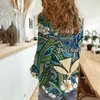 Personalised Hawaii Tribal Humpback Whale Women Casual Shirt Omaomao Hibiscus Seamless Pattern LT9 - Polynesian Pride