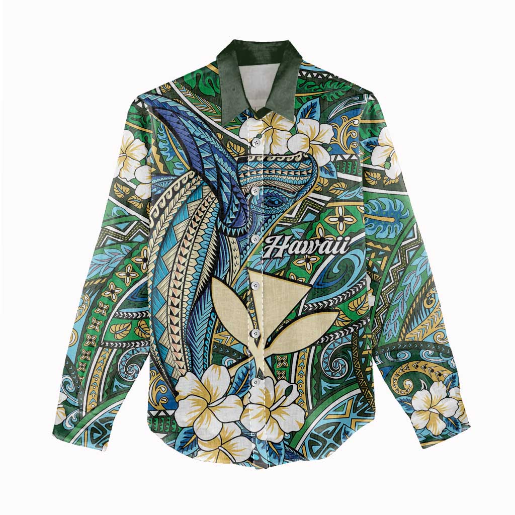 Personalised Hawaii Tribal Humpback Whale Women Casual Shirt Omaomao Hibiscus Seamless Pattern LT9 - Polynesian Pride