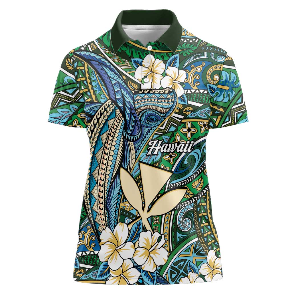 Personalised Hawaii Tribal Humpback Whale Women Polo Shirt Omaomao Hibiscus Seamless Pattern LT9 Female Green - Polynesian Pride