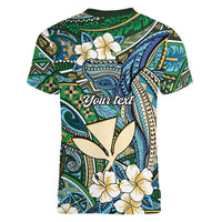 Personalised Hawaii Tribal Humpback Whale Women V-Neck T-Shirt Omaomao Hibiscus Seamless Pattern LT9 - Polynesian Pride