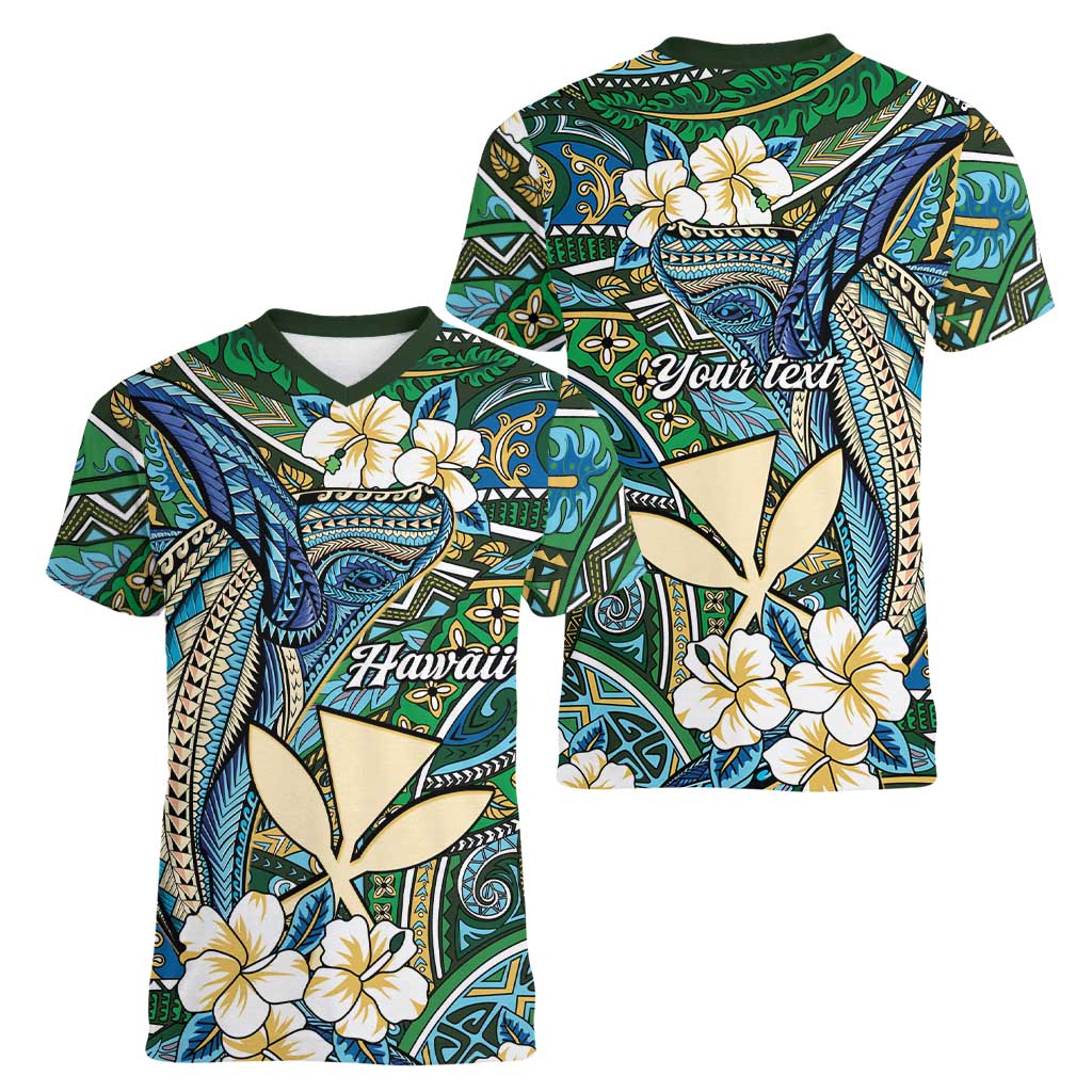 Personalised Hawaii Tribal Humpback Whale Women V-Neck T-Shirt Omaomao Hibiscus Seamless Pattern LT9 - Polynesian Pride