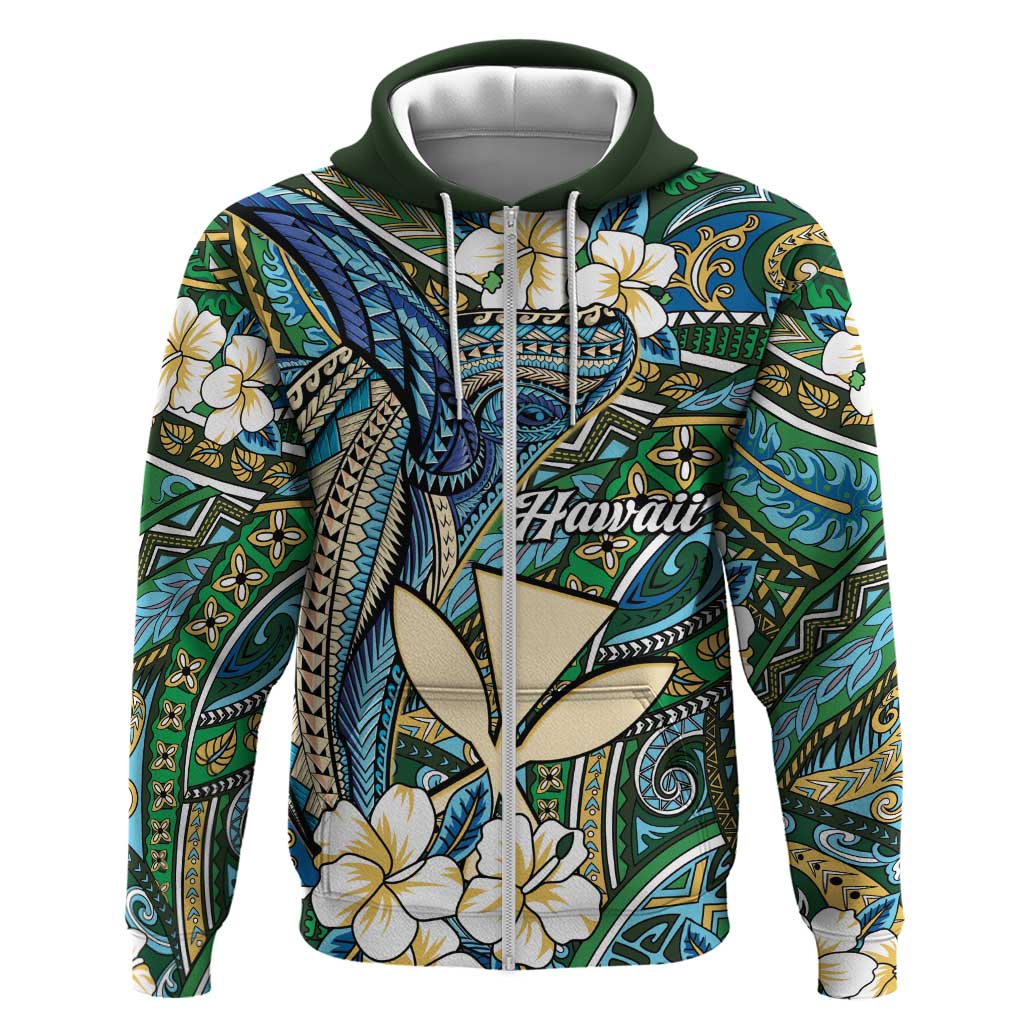 Personalised Hawaii Tribal Humpback Whale Zip Hoodie Omaomao Hibiscus Seamless Pattern LT9 Zip Hoodie Green - Polynesian Pride