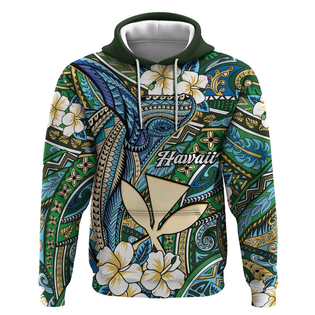 Personalised Hawaii Tribal Humpback Whale Zip Hoodie Omaomao Hibiscus Seamless Pattern LT9 Pullover Hoodie Green - Polynesian Pride