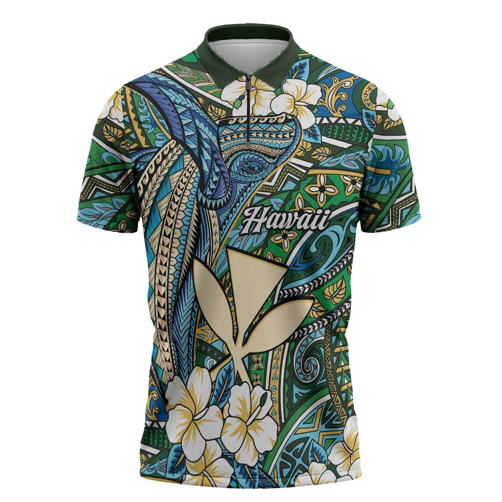 Personalised Hawaii Tribal Humpback Whale Zipper Polo Shirt Omaomao Hibiscus Seamless Pattern LT9 Green - Polynesian Pride