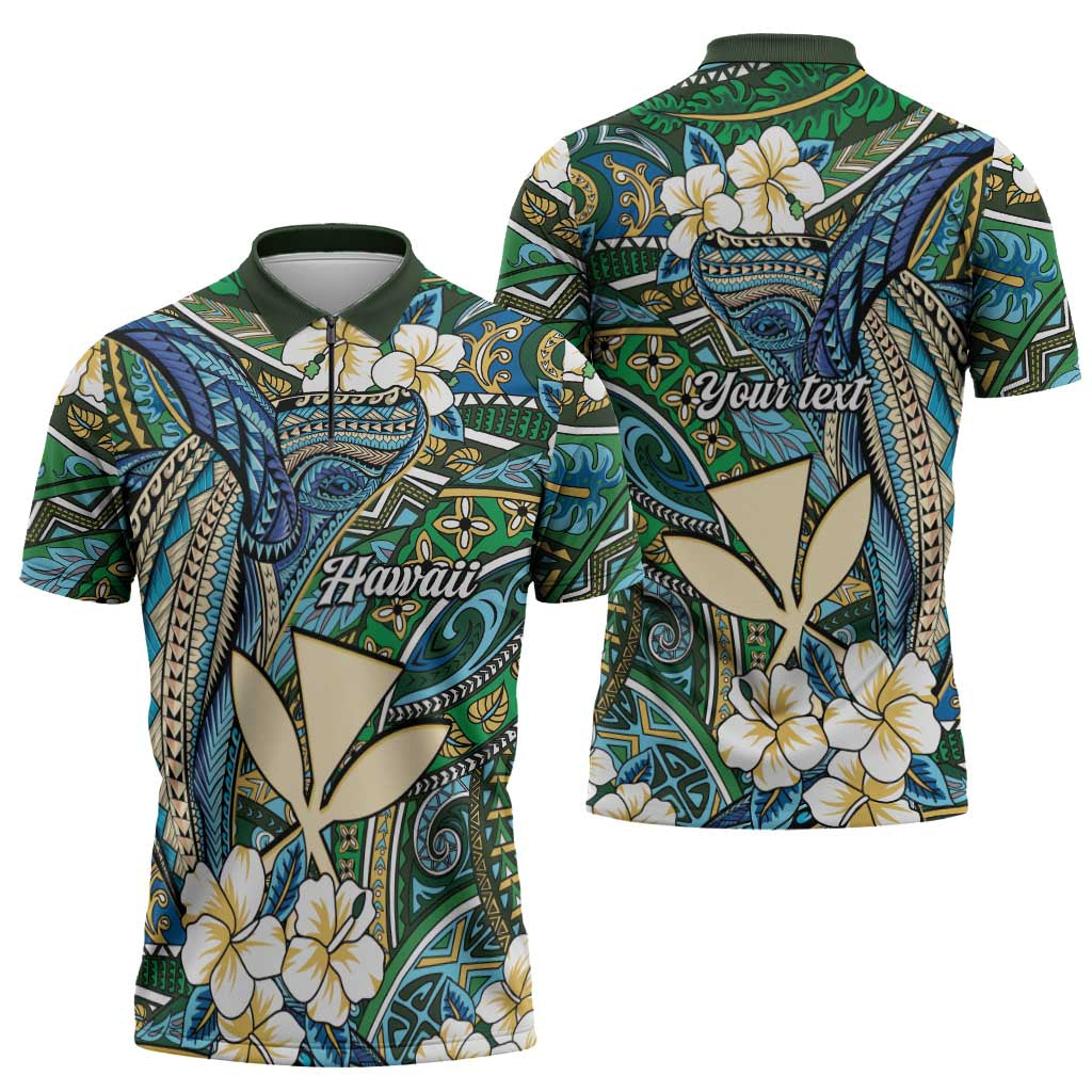 Personalised Hawaii Tribal Humpback Whale Zipper Polo Shirt Omaomao Hibiscus Seamless Pattern LT9 - Polynesian Pride