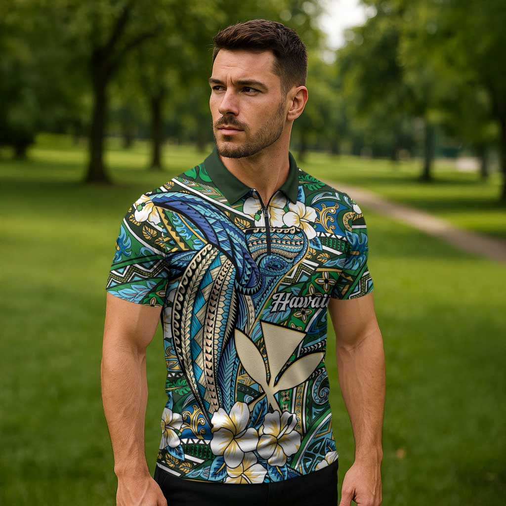 Personalised Hawaii Tribal Humpback Whale Zipper Polo Shirt Omaomao Hibiscus Seamless Pattern LT9 - Polynesian Pride