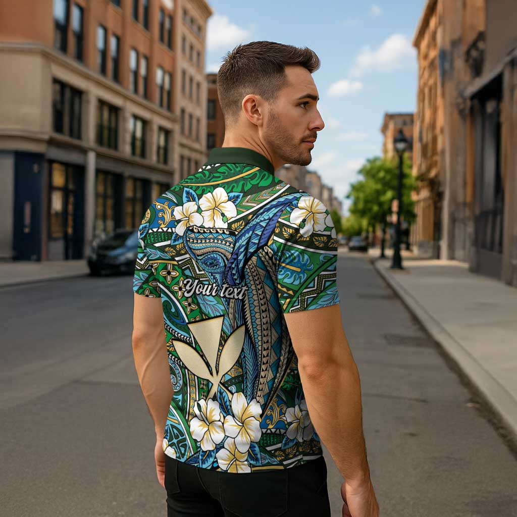 Personalised Hawaii Tribal Humpback Whale Zipper Polo Shirt Omaomao Hibiscus Seamless Pattern LT9 - Polynesian Pride