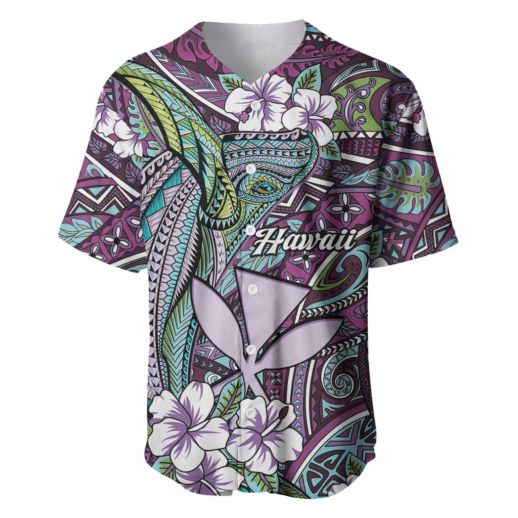 Personalised Hawaii Tribal Humpback Whale Baseball Jersey Poni Hibiscus Seamless Pattern LT9 Purple - Polynesian Pride