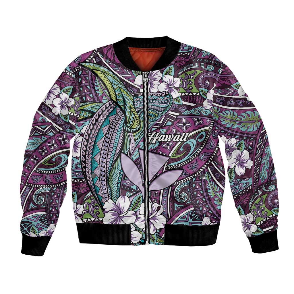Personalised Hawaii Tribal Humpback Whale Bomber Jacket Poni Hibiscus Seamless Pattern LT9 Unisex Purple - Polynesian Pride
