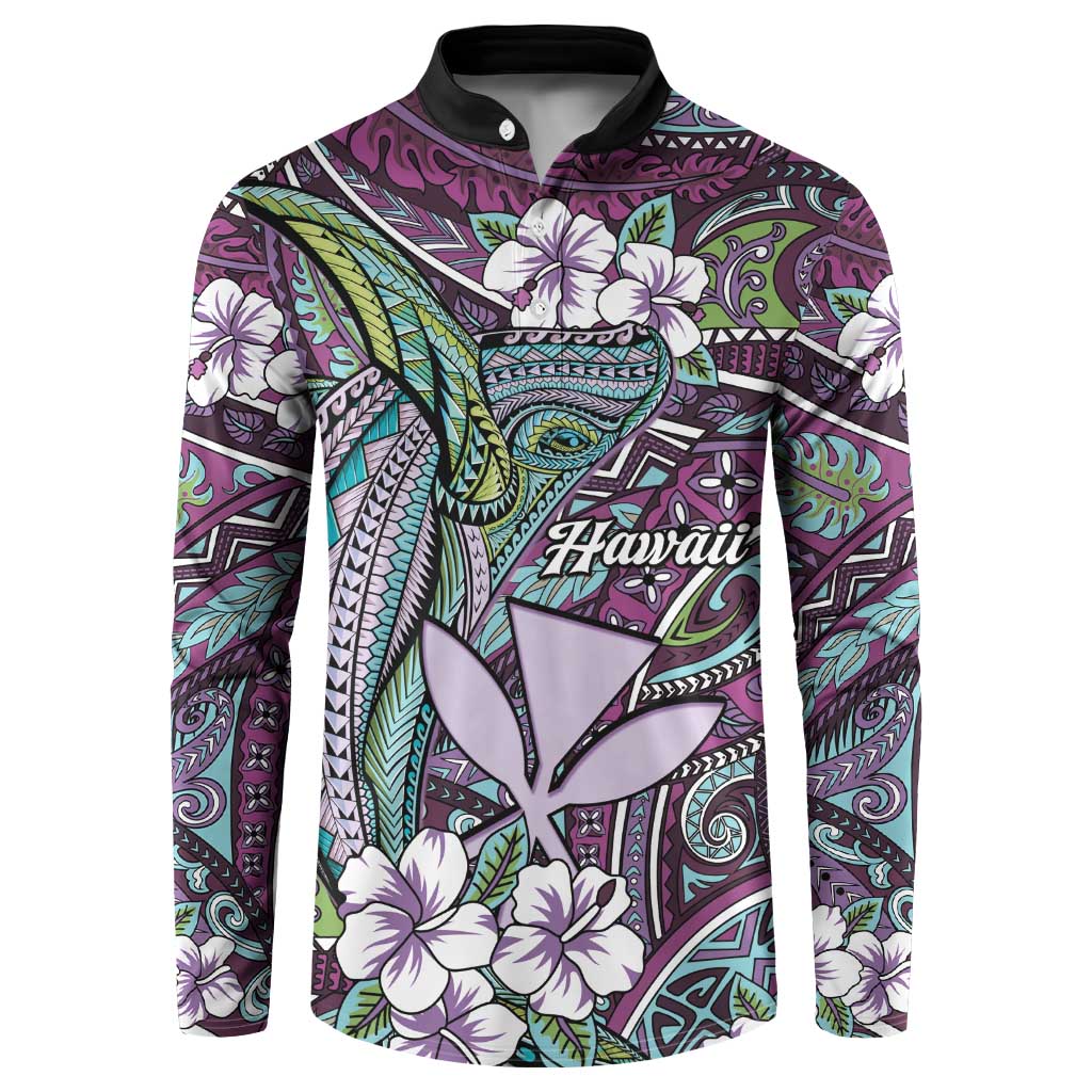 Personalised Hawaii Tribal Humpback Whale Button Sweatshirt Poni Hibiscus Seamless Pattern