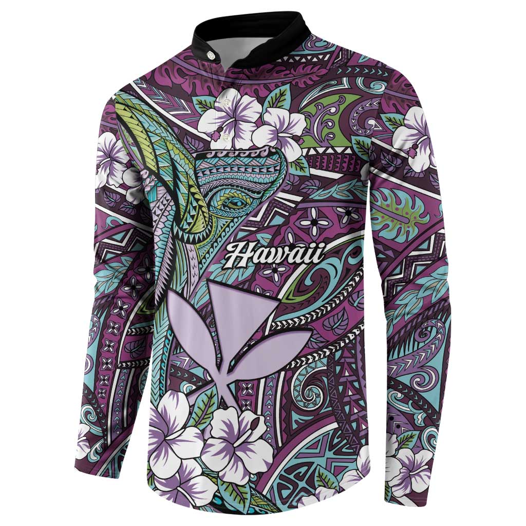 Personalised Hawaii Tribal Humpback Whale Button Sweatshirt Poni Hibiscus Seamless Pattern