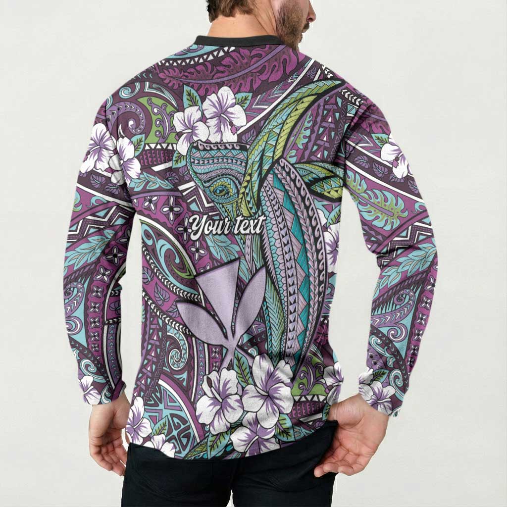 Personalised Hawaii Tribal Humpback Whale Button Sweatshirt Poni Hibiscus Seamless Pattern