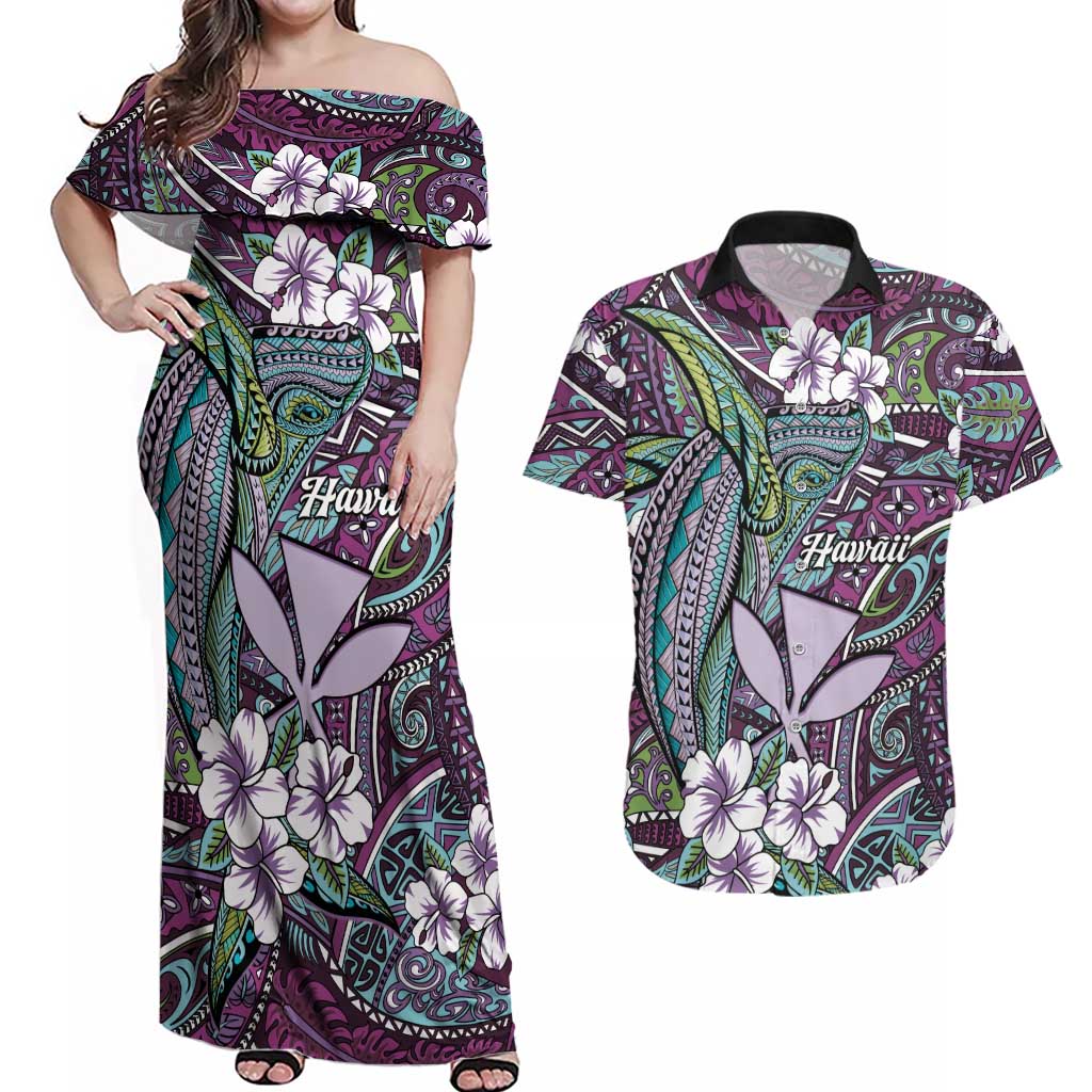 Personalised Hawaii Tribal Humpback Whale Couples Matching Off Shoulder Maxi Dress and Hawaiian Shirt Poni Hibiscus Seamless Pattern