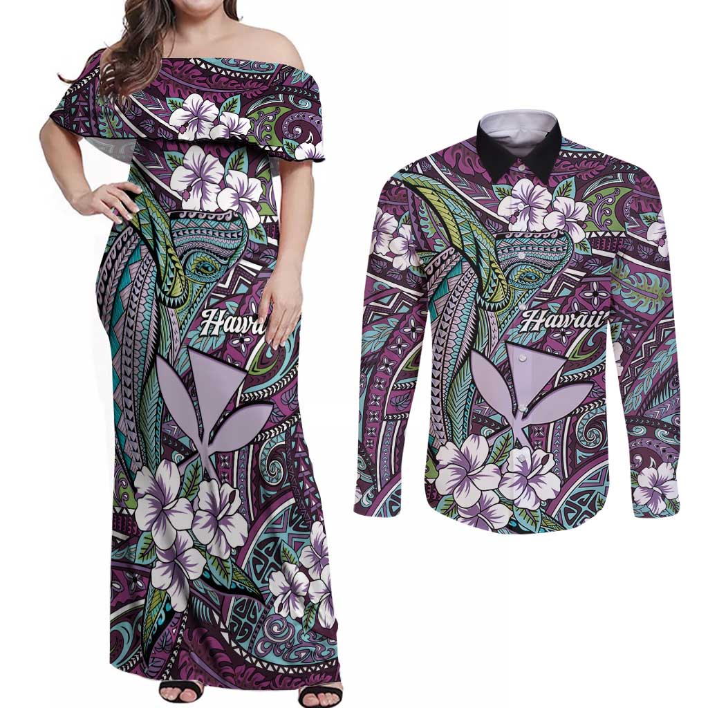 Personalised Hawaii Tribal Humpback Whale Couples Matching Off Shoulder Maxi Dress and Long Sleeve Button Shirt Poni Hibiscus Seamless Pattern LT9 Purple - Polynesian Pride