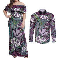 Personalised Hawaii Tribal Humpback Whale Couples Matching Off Shoulder Maxi Dress and Long Sleeve Button Shirt Poni Hibiscus Seamless Pattern LT9 Purple - Polynesian Pride