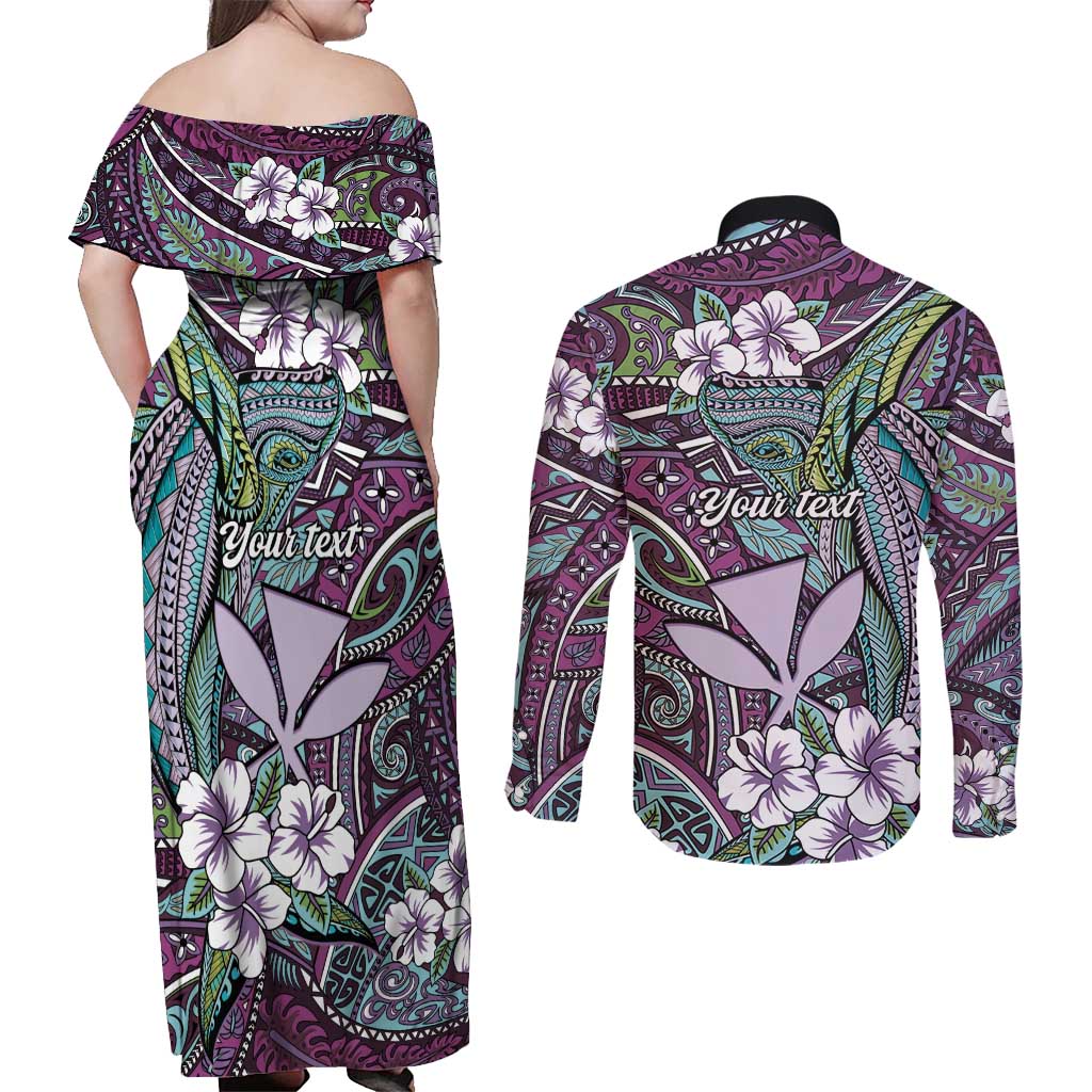 Personalised Hawaii Tribal Humpback Whale Couples Matching Off Shoulder Maxi Dress and Long Sleeve Button Shirt Poni Hibiscus Seamless Pattern LT9 - Polynesian Pride