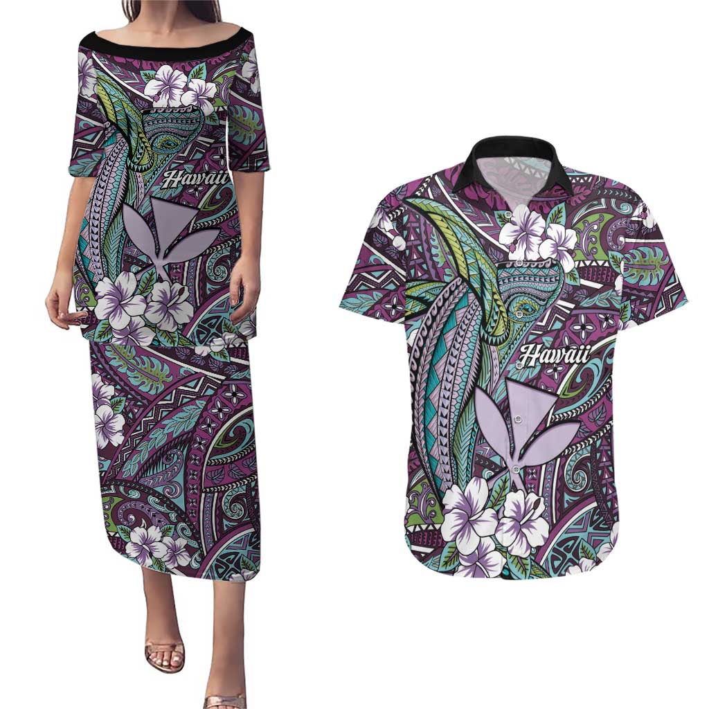Personalised Hawaii Tribal Humpback Whale Couples Matching Puletasi and Hawaiian Shirt Poni Hibiscus Seamless Pattern LT9 Purple - Polynesian Pride